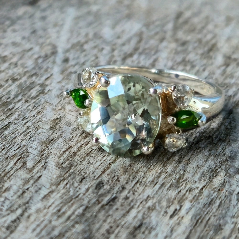 925 Sterling Silver Prasiolite Chrome Diopside White Topaz Designer Sz 9 Ring 💍 - Picture 5 of 16